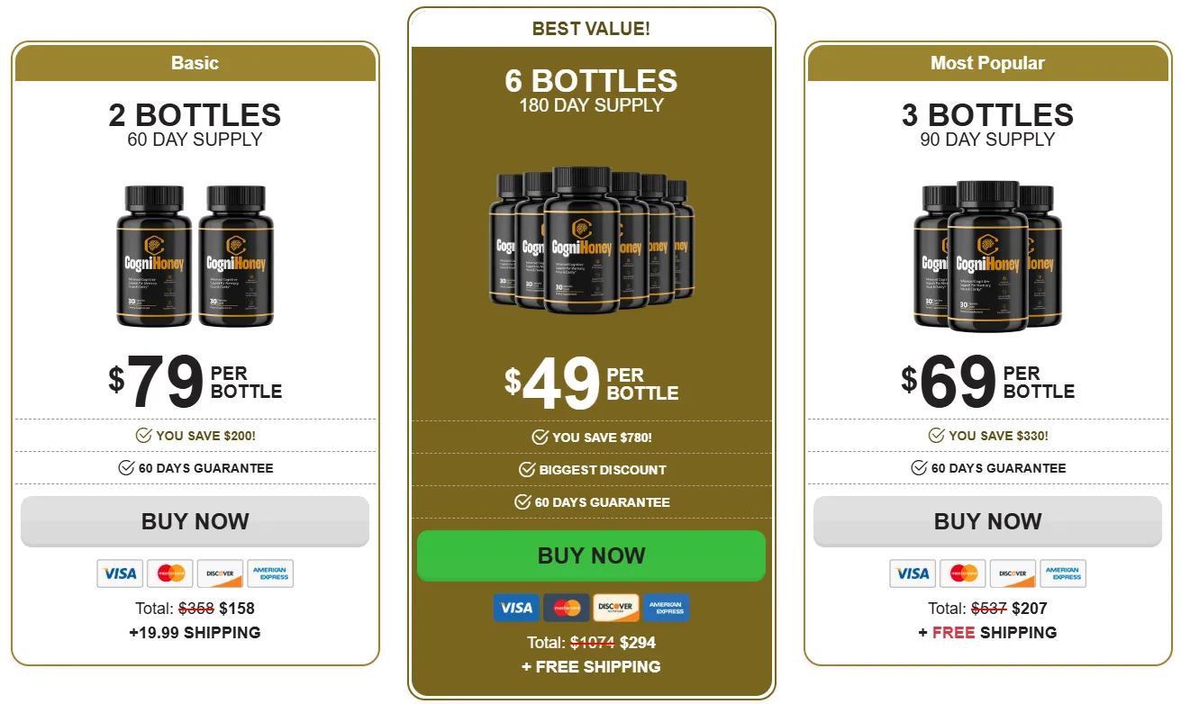 CogniHoney pricing: 2 bottle basic, 6 bottle best value, and 3 bottle most popular packages