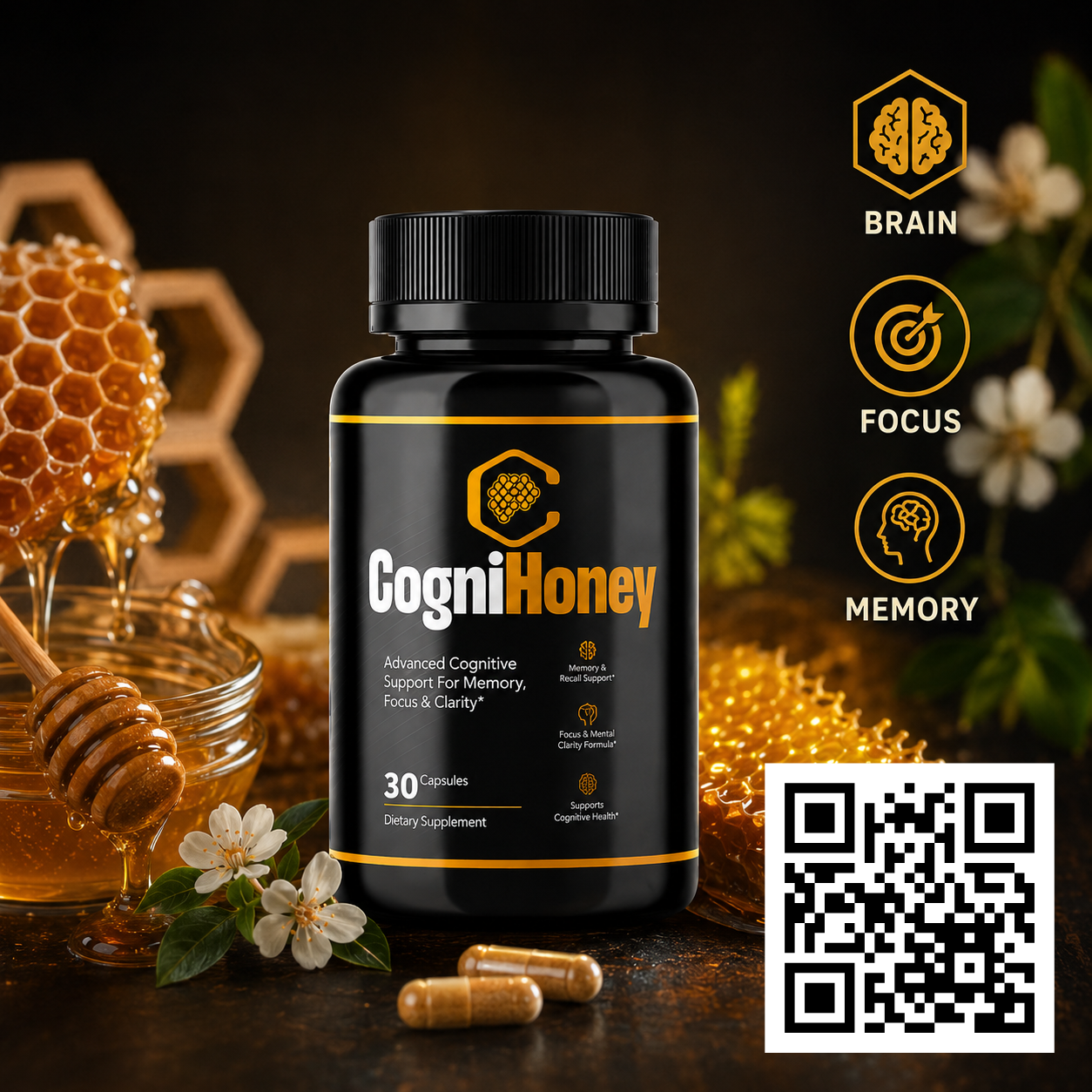 CogniHoney bottle surrounded by honeycomb and botanicals
